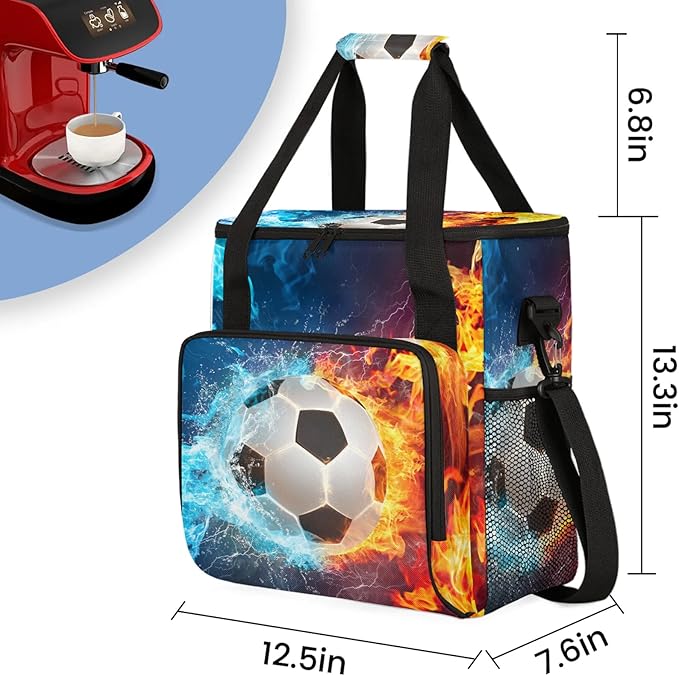 Football Ball Flame Coffee Maker Carring Bag Large Insulated Storage Organizer Case Tote Bags with Shoulder Strap for Travel Work Picnic