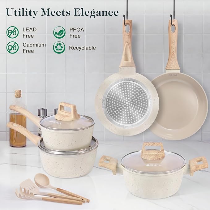 Pots and Pans Set Non Stick 11pcs Ceramic Cookware Set Non Toxic Induction Kitchen Cookware Sets Nonstick Cooking Set with Stay Cool Handle 100% PFOA Free Cream