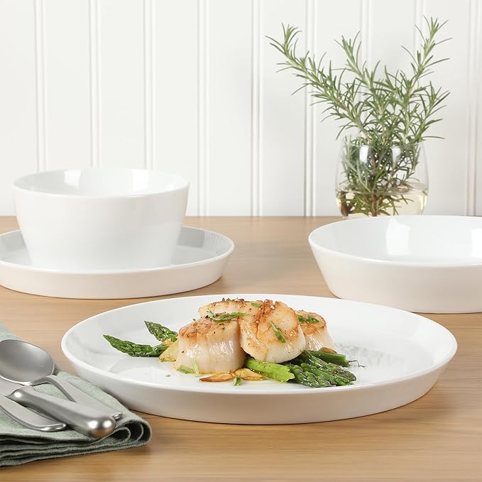 Martha Stewart Selma Chip &amp Scratch Resistant Dinnerware Set Service for 4 (16pcs) – White Plates and Bowls Durable Dishwasher and Microwave Safe Dishes Set for Everyday Use