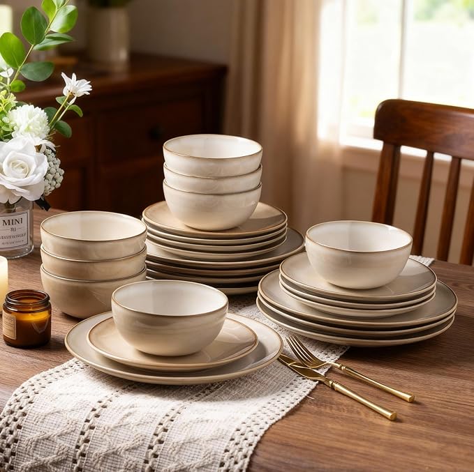AmorArc Stoneware Dinnerware Sets for 6 18 Pieces Handpainted Ceramic Plates and Bowls Set Scratch Resistant Dishes Set Dishwasher &amp Microwave Safe Cappuccino
