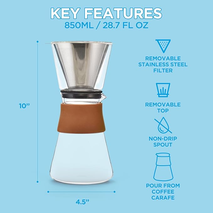 GROSCHE Amsterdam Glass Pour Over Coffee Maker - Single Cup Manual Dripper Brewer w/Removable Glass Top &amp Permanent Stainless Steel Filter - 27.6 fl oz - Ideal for Home Camping &amp On-the-Go B