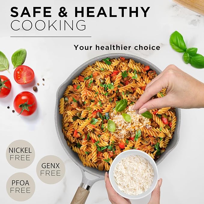 6Pcs Pots and Pans set Die-cast aluminum cookware Kitchen Induction Pots and Pans cooking set PFOA-free GenX-free Oven-safe casserole Frying pans Cream (6-Piece)