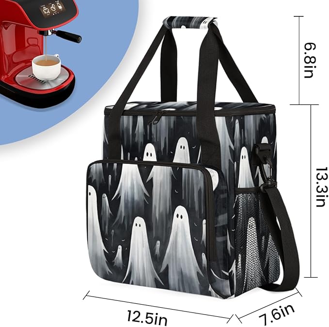 Halloween Ghosts Coffee Maker Carrying Bag Bright Ghosts Travel Storage Bag Compatible with K-Mini or K-Mini Plus Single Serve Coffee Brewer Carrying Case with Multiple Pockets &amp Shoulder Strap