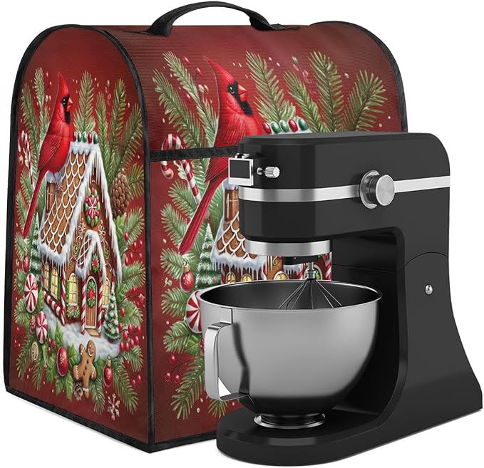 Kitchen Aid Mixer Cover Christmas Bird House Cardinal Stand Mixer Cover Compatible with 6-8 Quarts Stand Mixers Dust Covers with Zipper Pocket Foldable Washable Kitchen Aid Organizer Bag