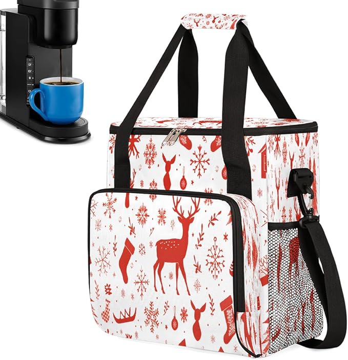Christmas (739) Coffee Maker Carring Bag Travel Carrying Storage Tote Bag Compatible with Keurig K-Mini or K-Mini Plus Portable Single Serve Coffee Brewer Case with Pockets for K-cup Pods