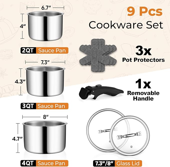 P&ampP CHEF Tri-Ply Stainless Steel Cookware Set of 3 with Removable Handle 9-Pieces Pots and Pans Set Induction 2Qt Saucepan 3Qt Small Pot &amp 4Qt Cooking Pot Oven &amp RV Safe to 500℉ Dishw
