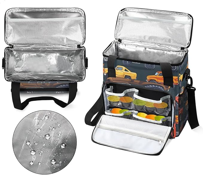 Trucks Theme Coffee Maker Travel Bag for Keurig K-Mini/K-Mini Plus Insulated Waterproof Tote with Pockets for K-Cup Portable Single-Serve Brewer Case