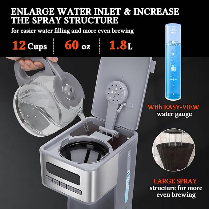 Taylor Swoden Programmable Coffee Makers 12 Cup Hot and Iced Coffee Maker 4 Brew Strength LED Display 24H Timer Keep Warm&ampAuto Shutoff- Drip Coffee Machine for Home/Office Gray &amp Stainle