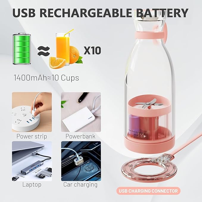 Personal Portable Blender 350ml USB Rechargeable Smoothie Maker with Stainless Steel Blade BPA-Free &amp Easy Clean Compact Travel Cup for Gym Office Home - Pink