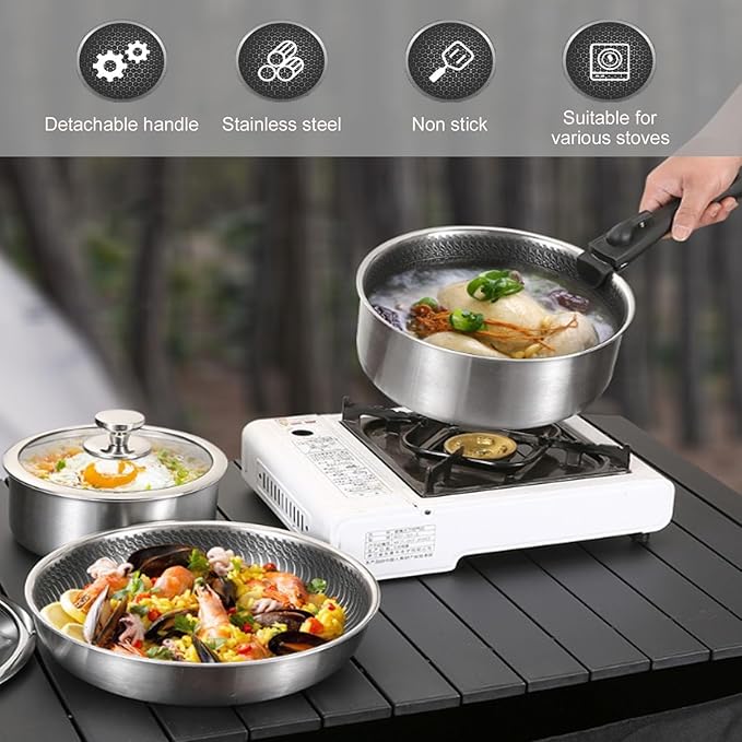 2/3PCS Pots and Pans Set Stainless Steel Kitchen Cookware Set Removable Handle Cookware Outdoor Camping Nonstick Frying Pan Soup Pot Stackable Easy to Clean (3PCS)