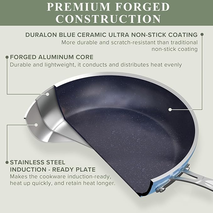 Nuwave Healthy Duralon Blue Ceramic Nonstick Cookware Set Diamond Infused Scratch-Resistant PFAS Free Dishwasher &amp Oven Safe Induction Ready &amp Evenly Heats Tempered Glass Lids &amp Stay-