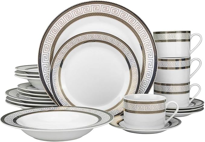 Euro Porcelain 57-pc Banquet Dinnerware Set Luxury Tableware Dining Service for 8 (Greek Key Dark)