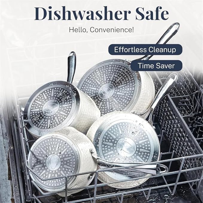 Hammered 15 Pc Ceramic Pots and Pans Set Non Stick Pots and Pan Set Dishwasher Safe Cream White Steel Cookware Sets Kitchen KitA15 Pc Cookware Set