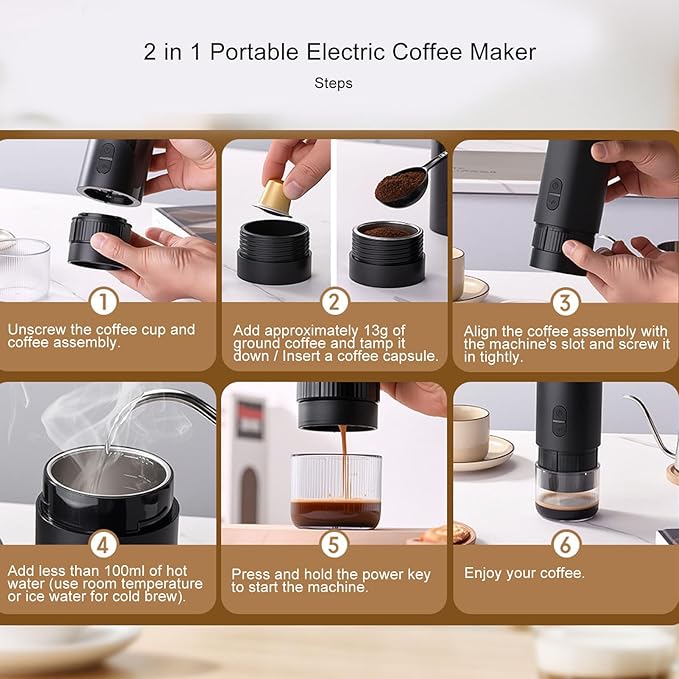 Fockety Portable Espresso Maker 20 Bar USB Rechargeable Self Heating Electric Espresso Machine Travel Coffee Maker for Camping Outdoorlife Business Trip