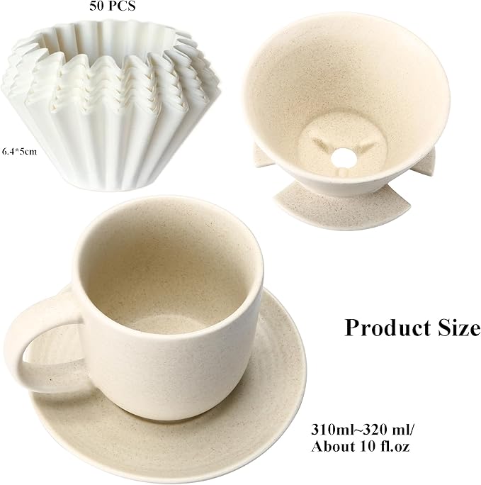 Pour Over Coffee Maker with 50 PCS Basket Coffee Filters 310 ml/10 oz Mug with Saucer &amp Coffee Dripper Ceramic Off-white