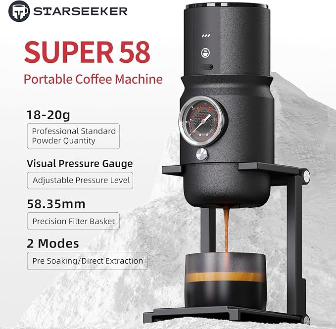 STARSEEKER Super58 Portable Espresso Machine 18-20g Adjustable Pressure USB-C Car Coffee Maker for Camping RV Hiking &amp Office w/Folding Bracket &amp Carry Bag (black)