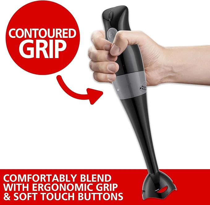 2-Speed Electric Hand Blender with Balloon Whisk – Ergonomic Immersion Blender for Mixing Chopping and Food Processing – Stainless Steel Blades 5ft Cord Dishwasher Safe (Black)