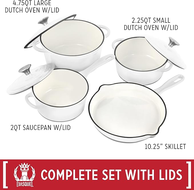 Basque Enameled Cast Iron Cookware Set (Blanc White) 7-Piece Set Nonstick Oversized Handles Oven Safe 10.25 Skillet 2QT Saucepan 2.25QT Small Dutch Oven 4.75QT Large Dutch Oven