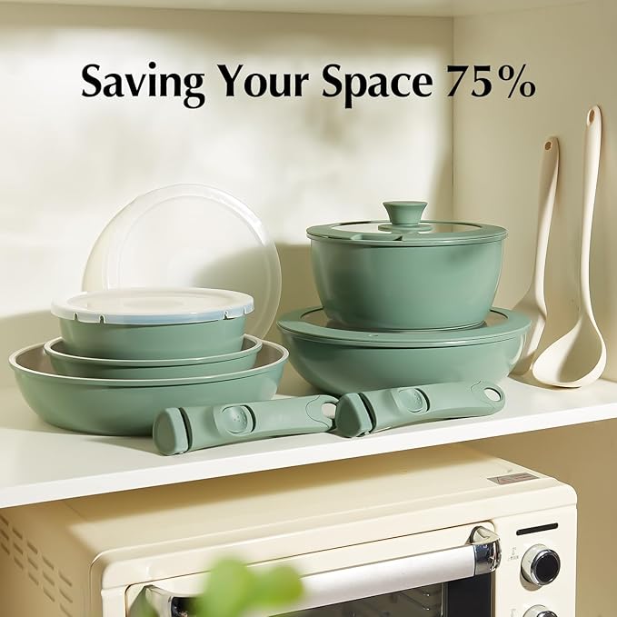 Redchef 32pcs Ceramic Pots and Pans Set Non Stick Nonstick Kitchen Cookware Set with Detachable Handle Non Toxic PFAS PFOA &amp PTFE Free RV Ceramic Cookware Set for Camping Dishwasher/Oven Safe
