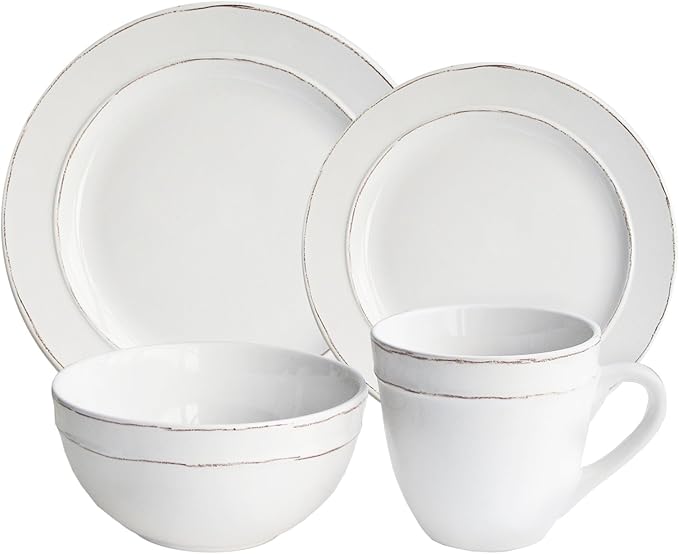 American Atelier Olivia Round 16 Piece Dinnerware Set 4 Dinner and Salad Plates 4 Bowls &amp 4 Mugs Updated White 10.4x10.4