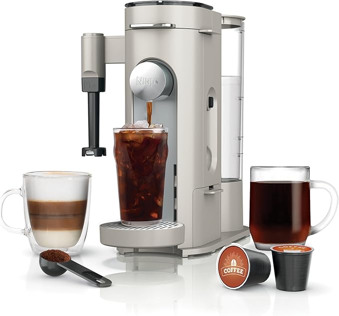 Ninja Pod &amp Grounds Specialty Single-Serve Coffee Maker K-Cup Pod Compatible Brews Grounds Compact Design Built-In Milk Frother 56-oz. Reservoir 6-oz. Cup to 24-oz. Mug Sizes Stone PB051ST