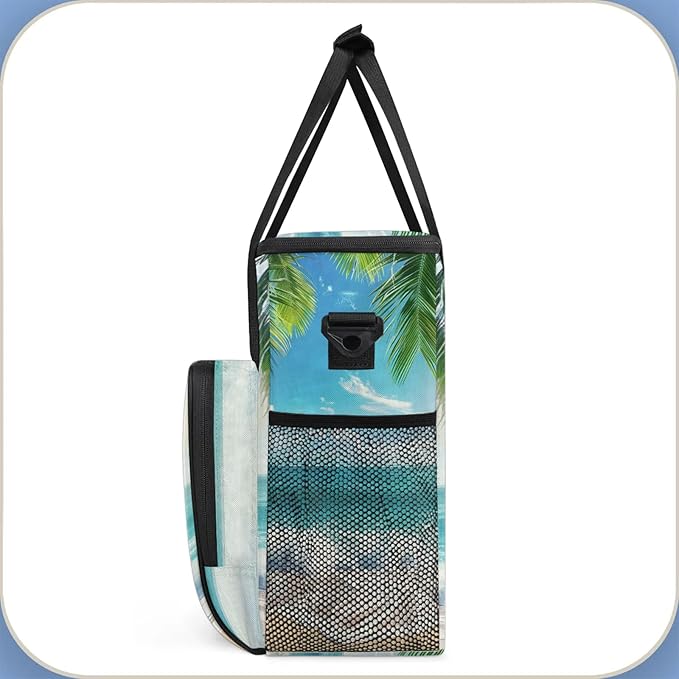 Palm Tree Coastal Beach Travel Coffee Maker Carrying Bag Large Organizer Storage Tote Bag Insulated Reusable Cooler Grocery Bags