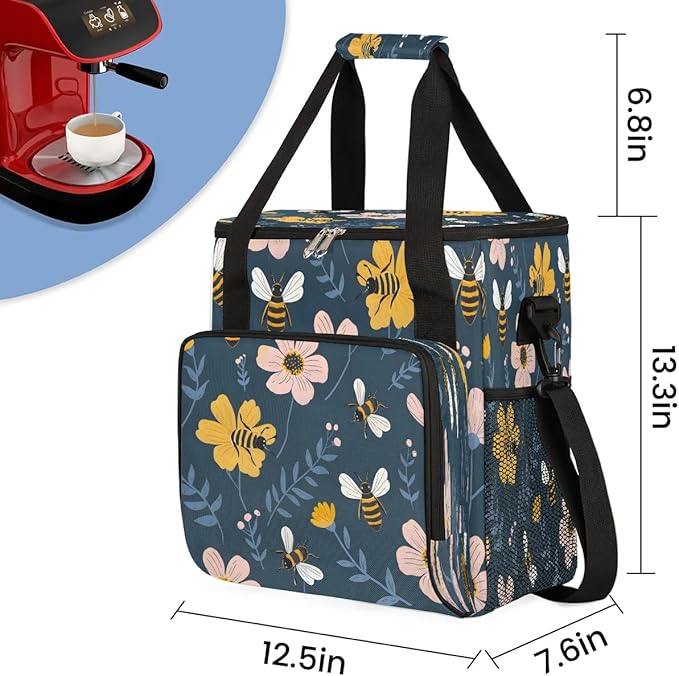 Cute Bee Flower Coffee Maker Carrying Bag Compatible with K-Mini or K-Mini Plus Portable Single Cup Coffee Maker Case with Pockets for K Cup Pods