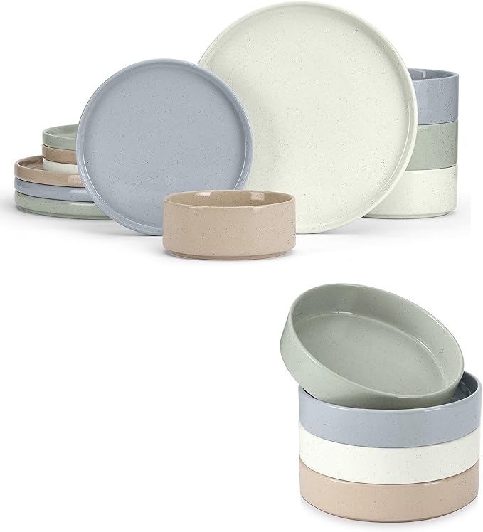 E-far Stoneware Dinnerware Sets with Pasta Bowls Set of 4 Bundle 12PCS Plates and Bowls Dish 35oz Ceramic Large Salad Bowl Plates for Serving Soup Dinner Microwave Safe Speckled Multicolor