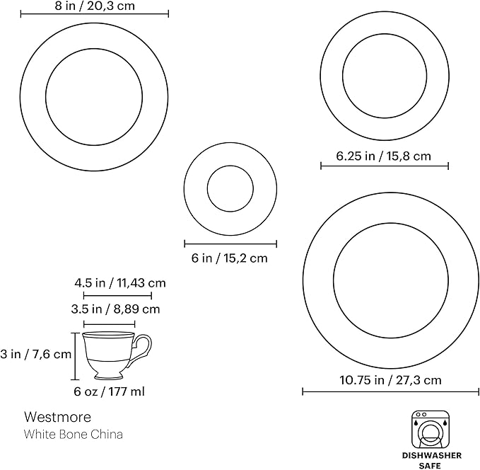 Lenox Dinnerware Set Westmore 5-Piece Place Setting Set Service for 1 Bone China Dinnerware Dishwasher And Microwave Safe Plate Saucer and Teacup Kitchen and Dining (White/Blue 5 Piece)