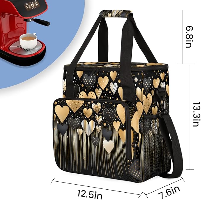 Gold Black Heart Coffee Maker Carrying Bag Portable Travel Storage Tote Bag Compatible with K-Mini or K-Mini Plus Single Serve Coffee Brewer Carrying Case with Multiple Pockets &amp Shoulder Strap