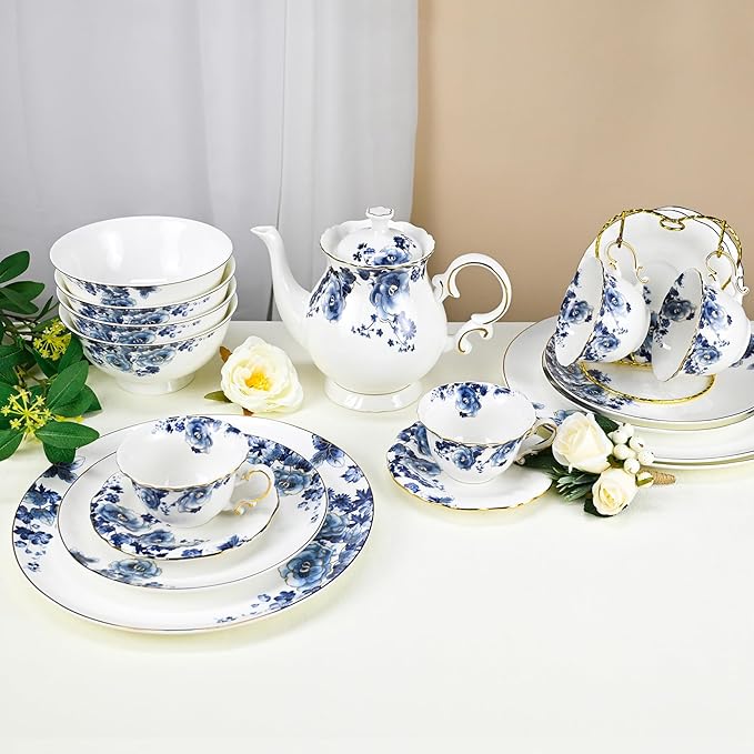 Fine Bone China Dinnerware Set for 4 3-Tier Afternoon Tea Stand Porcelain Cupcake Stand Serving Tray