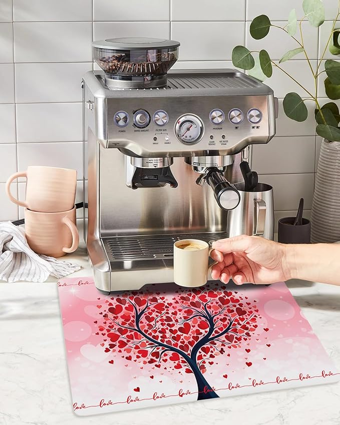 Valentine's Day Coffee Mat Coffee Bar Mat for Countertops Red Love Heart Trees and Branches Absorbent Coffee Maker Mat Rubber Backed Dish Drying Mat for Coffee Espresso Machine Coffee Maker 16x24
