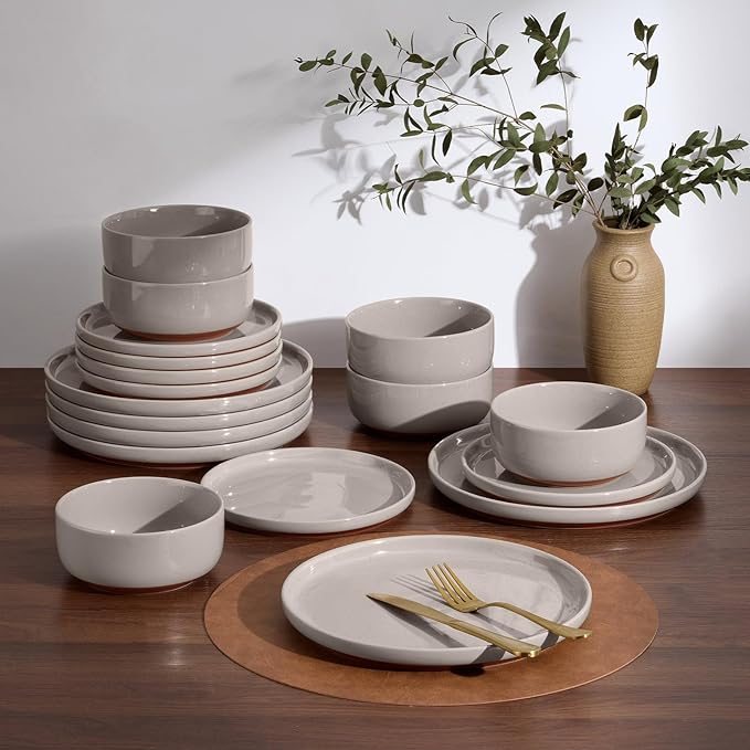 E-far 24-Piece Ceramic Dinnerware Sets Plates and Bowls Sets for 8 Stoneware Dishware Dishes Set with Terracotta Base Chip &amp Scratch Resistant Microwave &amp Dishwasher Safe Speckled Khaki
