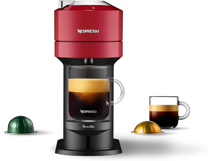 Nespresso Vertuo Next Coffee and Espresso Machine NEW by Breville Cherry Coffee Maker and Espresso Machine + Nespresso Capsules VertuoLine Medium and Dark Roast Coffee 30 Count Coffee Pods