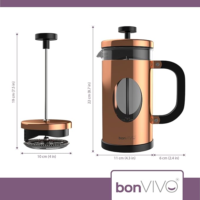 bonVIVO Large French Press Coffee Maker 34 oz – Glass Stainless Steel Coffee Press with Borosilicate Heat Resistant Carafe Reusable Filter Copper Finish Cafetiere for Gourmet Coffee Tea Lovers