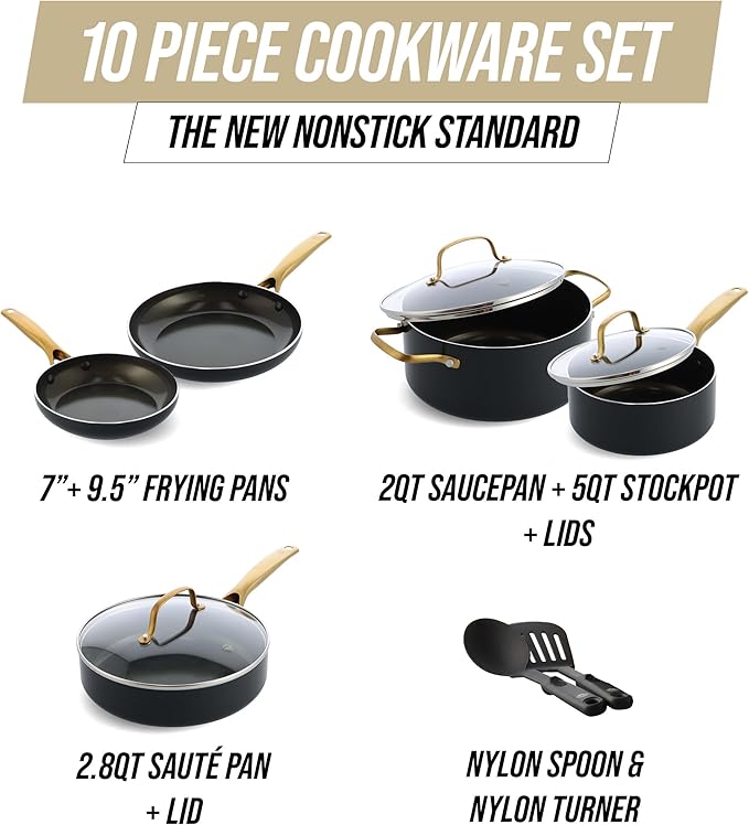 Blue Diamond Gold 10 Piece Cookware Pots and Pans Set Induction Suitable Diamond Infused PFAS-Free Ceramic Nonstick Durable Metal Utensil Safe Dishwasher Safe Gold Handle Black