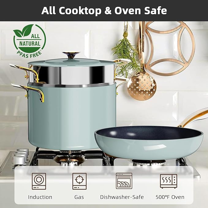 Nuwave Lux LE 13-Pc Cookware Set with Elegant Gold Handle Diamond Infused Ceramic Non-Stick PFAS Free Premium Metal Lids Ergonomic Stay-Cool Handles Induction Ready &amp Compatible w/All Cooktop