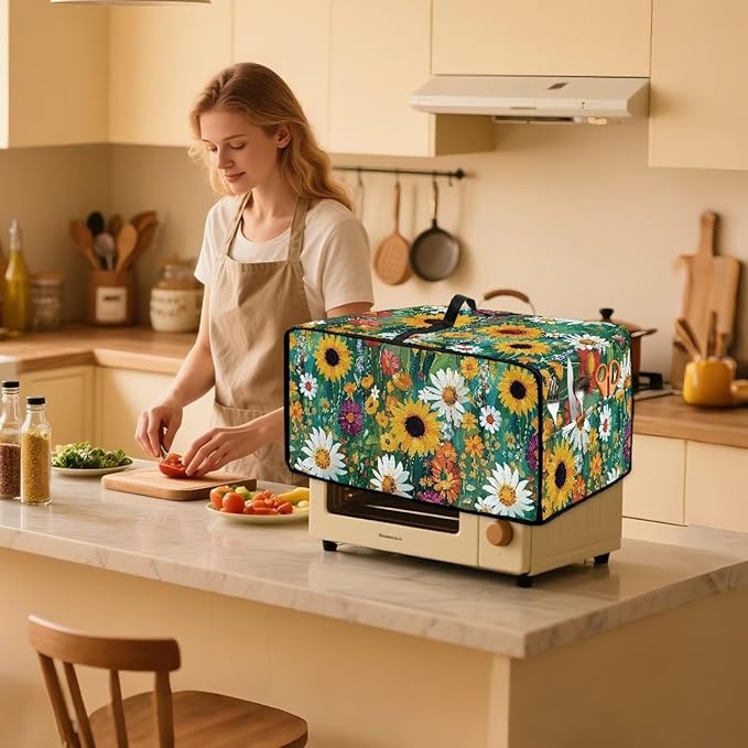 Sunflower Daisy Toaster Oven Cover with Storage Pockets Multipurpose Microwave Air Fryer Kichen Appliances Protective Covers Essential for Everyday Home Kitchens
