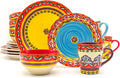 Euro Ceramica EC-GAL-1001 Galicia Collection Andalusian-Inspired 16 Piece Dinnerware Set Vibrant Assorted Patterns Multicolor