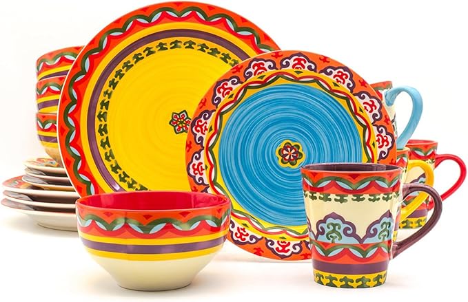 Euro Ceramica EC-GAL-1001 Galicia Collection Andalusian-Inspired 16 Piece Dinnerware Set Vibrant Assorted Patterns Multicolor
