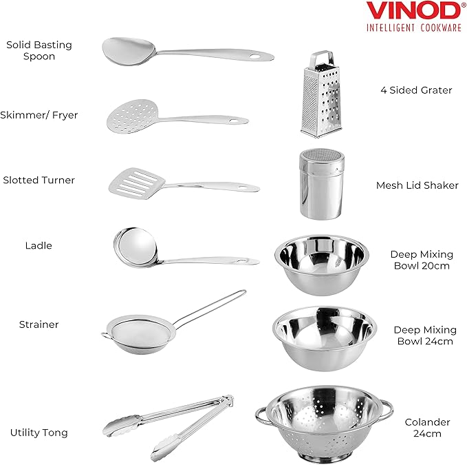 Vinod Stainless Steel Cookware Set 11-Piece Kitchen Starter Set Includes Mixing Bowls Set Stainless Steel Colander| Kitchen Food Strainer 4-Side Grater Serving Spoons Ladle &amp Utility Tongs