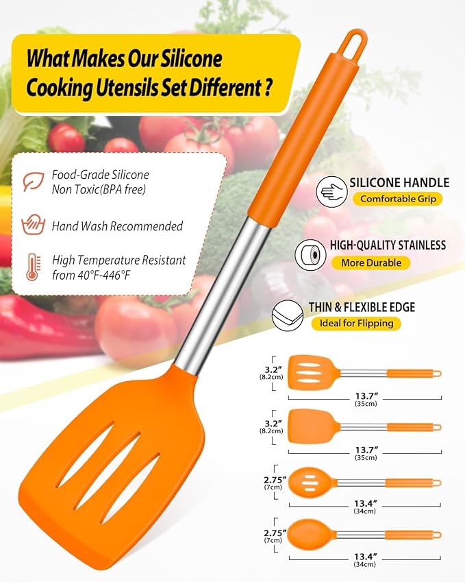 Pack of 4 Silicone Cooking Utensils Set Non Stick Large Solid Spatulas Heat Resistant Slotted Spoons Ideal BPA Free Kitchen Turners for Frying MixingServingDrainingTurningStirring (ORANGE)
