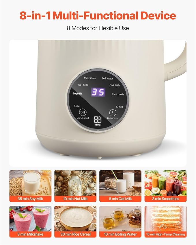 8-in-1 Nut Milk Maker 41 oz 304 Stainless Steel Soy Milk Machine with 10-Blade System Self-Cleaning Oat &amp Nut Beverage Maker with Delay Timer Quiet Operation Hot Water &amp Keep-Warm Function