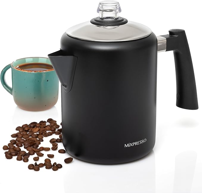 Mixpresso Black Stainless Steel Coffee Percolator Stovetop 37oz Classic Percolator Coffee Pot Great For Camping Pot 5-8 Cup Stove Top Espresso Maker Cool-Touch Handle