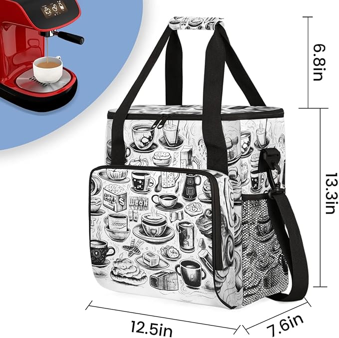 Coffee Print Coffee Maker Travel Bag for Keurig K-Mini/K-Mini Plus Insulated Waterproof Tote with Pockets for K-Cup Portable Single-Serve Brewer Case