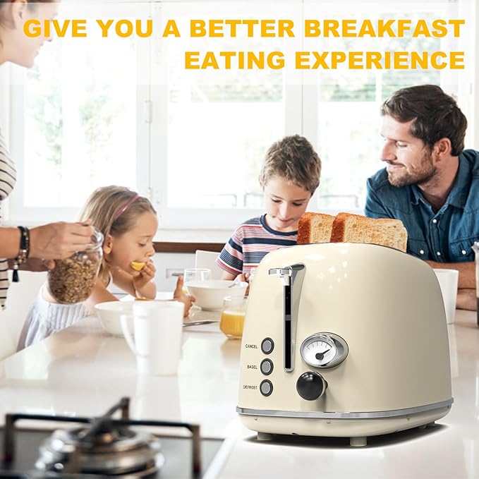 Toaster 2 slice KitchMix Retro Stainless Steel Toaster with 6 Settings 1.5 In Extra Wide Slots Bagel/Defrost/Cancel Function Removable Crumb Tray (Cream)