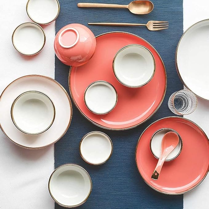 Dinner Set for Luxury Restaurant and Home Ceramics Dinner Sets Plate/Bowl/Spoon | 26 Pieces Phnom Penh Dinnerware Set - Porcelain Combination SetRed-