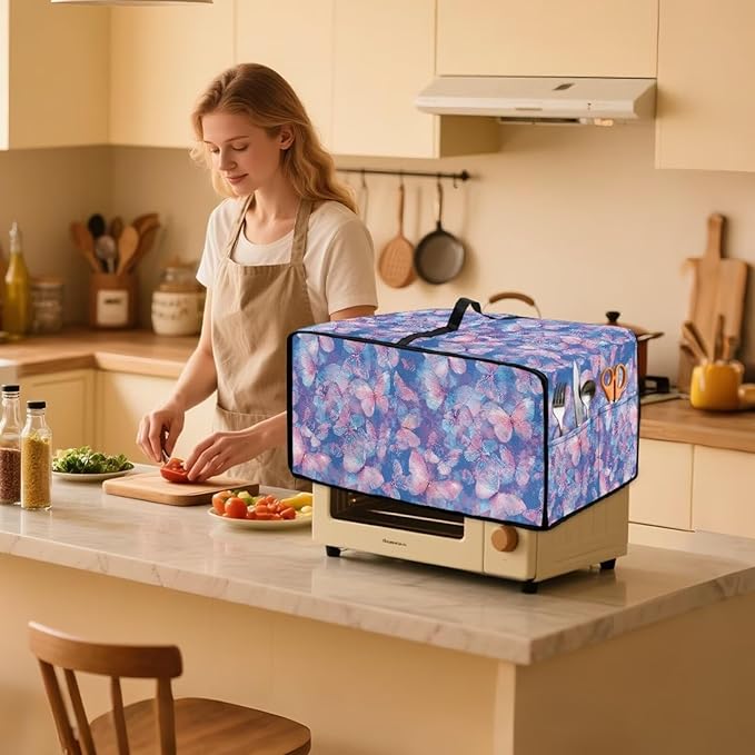 Butterfly Print Toaster Oven Covers for Kitchen Counter Decor Heavy Duty Toaster Oven Air Fryer Cover Washable Kitchen Small Appliance Protector with Side Pockets Pink and Blue