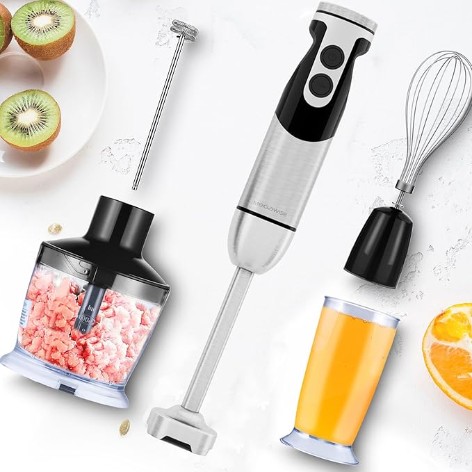 MegaWise Pro Titanium Reinforced 5-in-1 Immersion Hand Blender Powerful Motor with 80% Sharper Blades 12-Speed Corded Blender (Black)