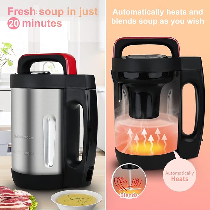 2L Soup Maker Makes 2-6 Servings LCD Touch Control Panel Stainless Steel Blender &amp Heater 800W for Soups Smoothies Sauces — Smart Kitchen Appliance for Homemade Soup
